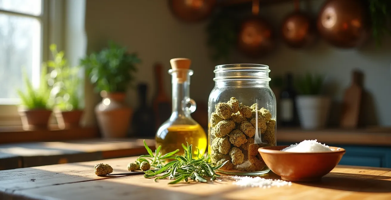 Herbes vaporisées ABV dans un bocal en verre avec ustensiles de cuisine français