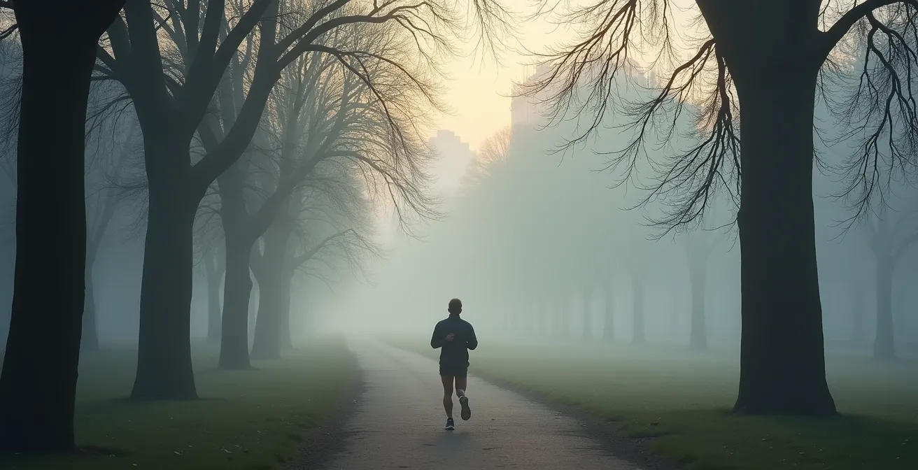 Personne en tenue de sport dans un parc parisien au lever du soleil