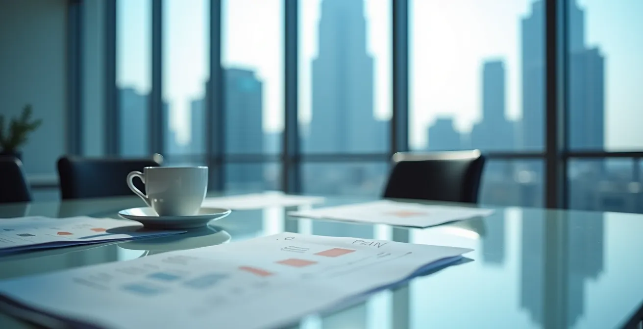 Bureau moderne avec vue floue sur La Défense, focus sur une tasse de café et des documents de travail