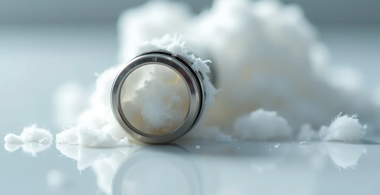 Vue macro détaillée d'une résistance de vapoteuse avec des gouttes de liquide sur le coton