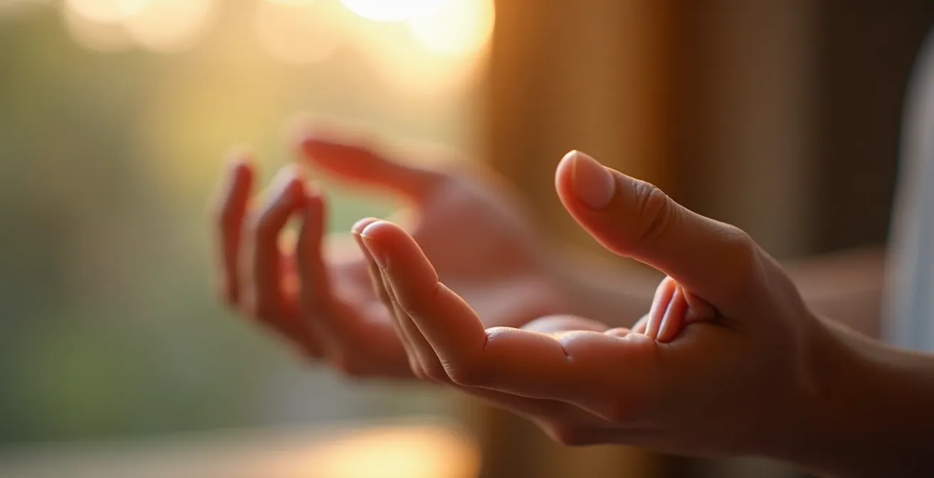 Démonstration du geste d'ancrage PNL avec le pouce pour déclencher un état de calme