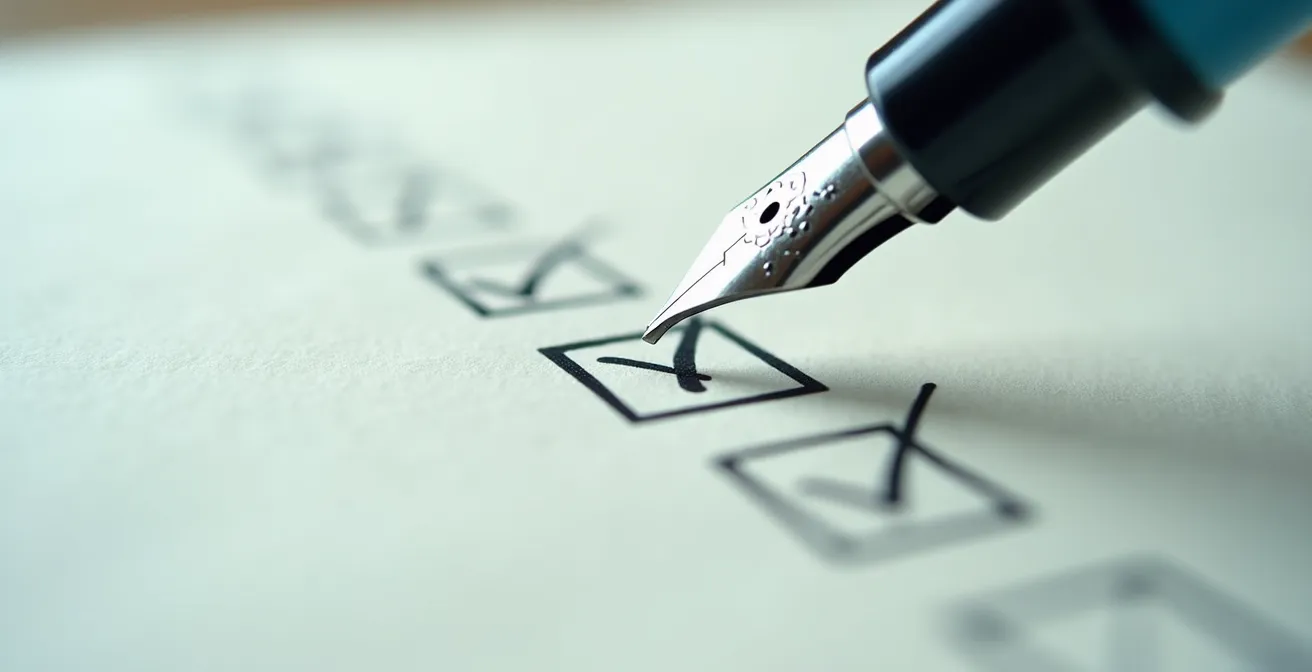 Vue macro d'un stylo sur un questionnaire d'évaluation, mise au point sélective sur la pointe du stylo