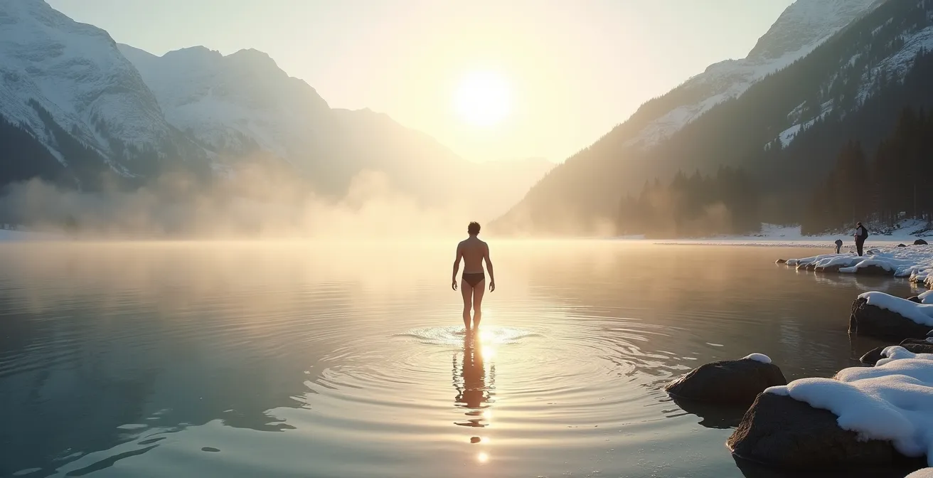 Personne pratiquant l'immersion en eau froide dans un lac de montagne français en hiver