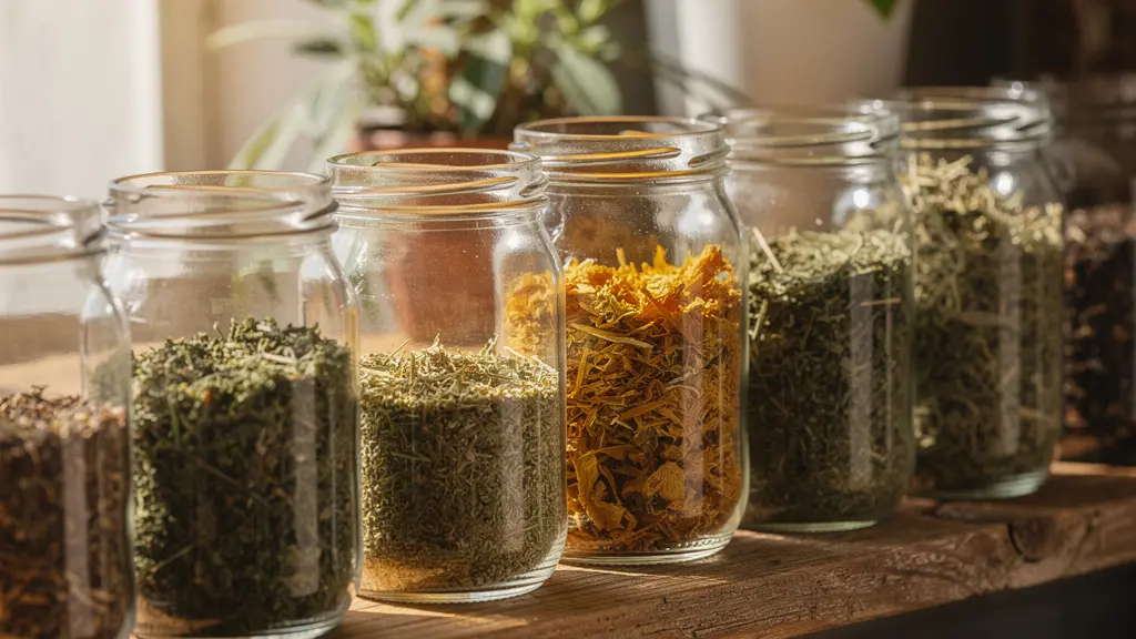 Bocaux en verre contenant des fleurs de CBD séchées sur étagère en bois naturel