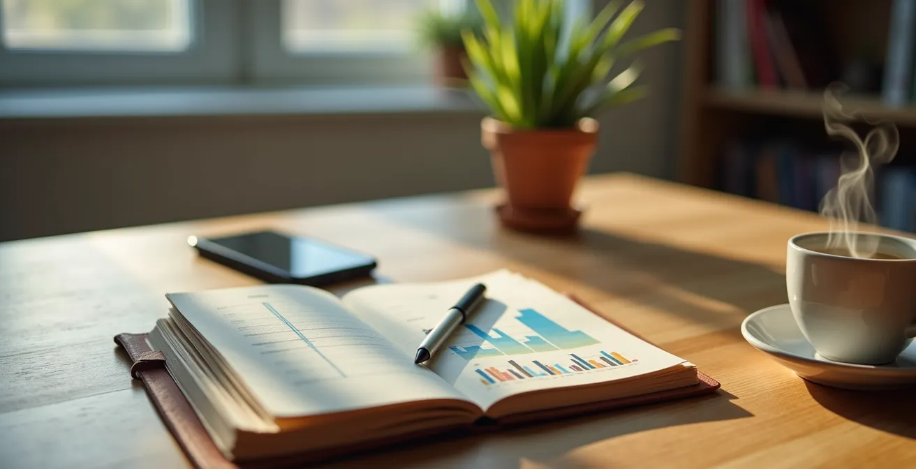 Carnet de suivi des consommations avec stylo et application mobile sur une table