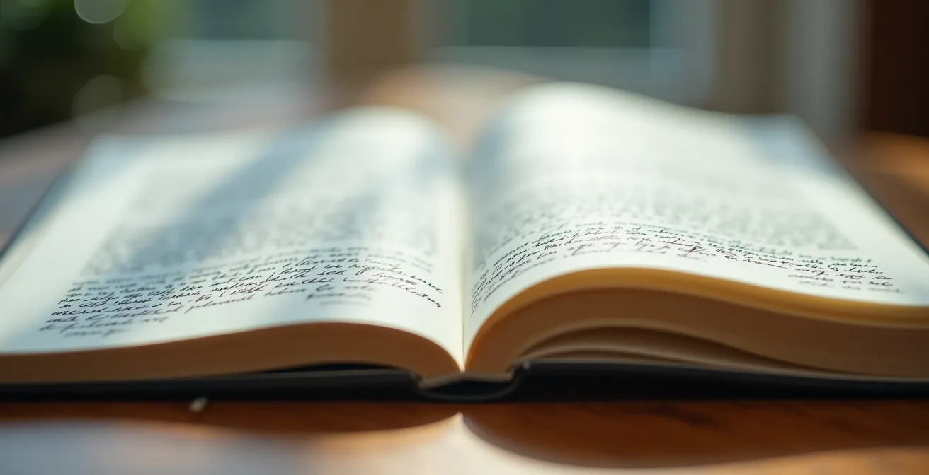 Gros plan sur un carnet ouvert avec des annotations manuscrites et un stylo posé à côté