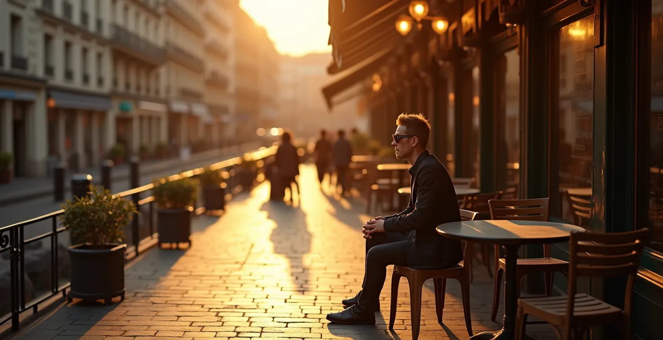 Vue aérienne d'une terrasse de café parisienne avec une personne pratiquant discrètement la cohérence cardiaque