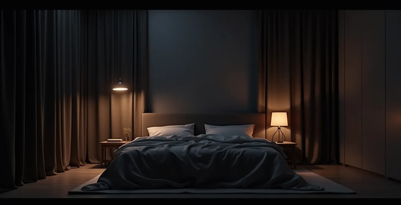 Chambre plongée dans l'obscurité avec rideaux occultants et ambiance apaisante