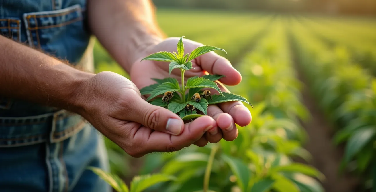 Vaste champ de chanvre industriel français avec abeilles butinant les fleurs, illustrant la biodiversité