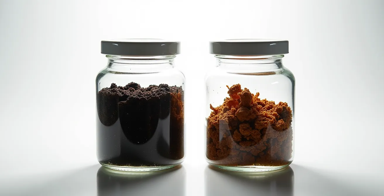 Comparaison visuelle de l'accumulation de goudrons dans les bronches symbolisée par deux récipients contenant des résidus distincts.