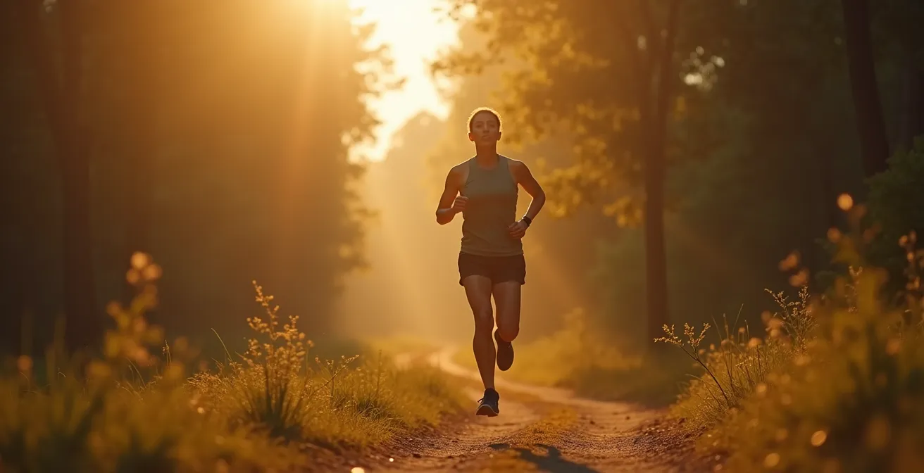 Coureur matinal dans une forêt française baignée de lumière dorée