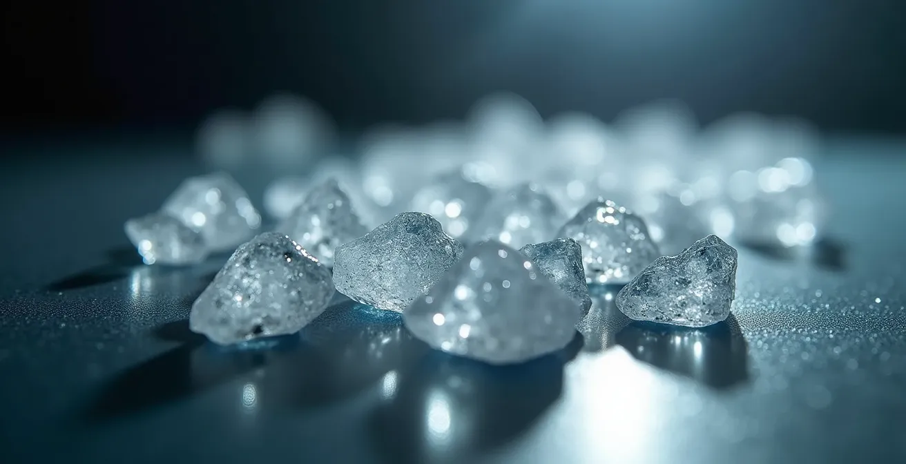 Photographie macro de cristaux de CBD purs sur surface sombre avec matériel de DIY flou en arrière-plan