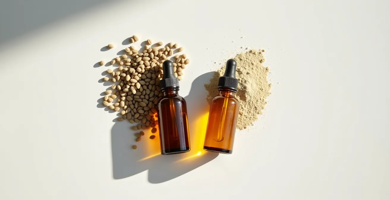 Comparaison visuelle entre bouteille d'huile de chanvre et huile CBD avec mise en évidence des différences