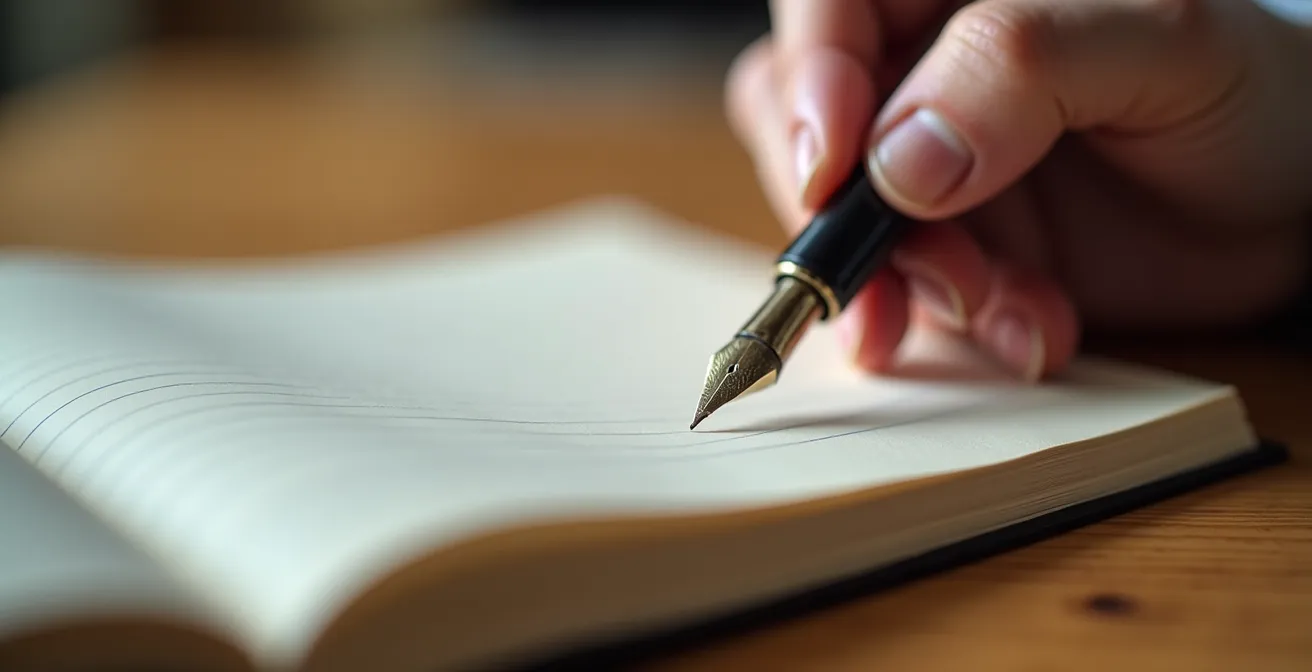 Mains tenant un stylo au-dessus d'un carnet ouvert lors d'une séance d'écriture thérapeutique