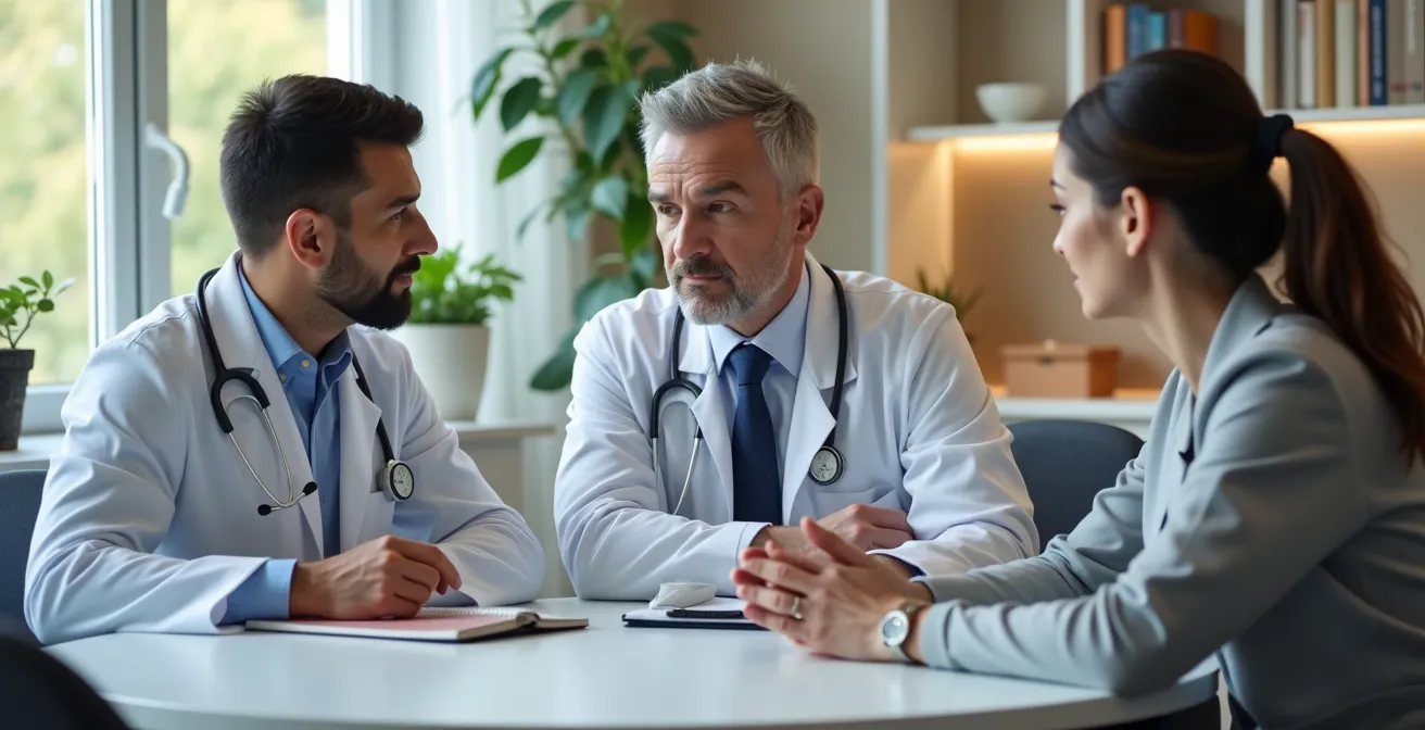 Équipe médicale pluridisciplinaire en réunion de synthèse dans un CSAPA français