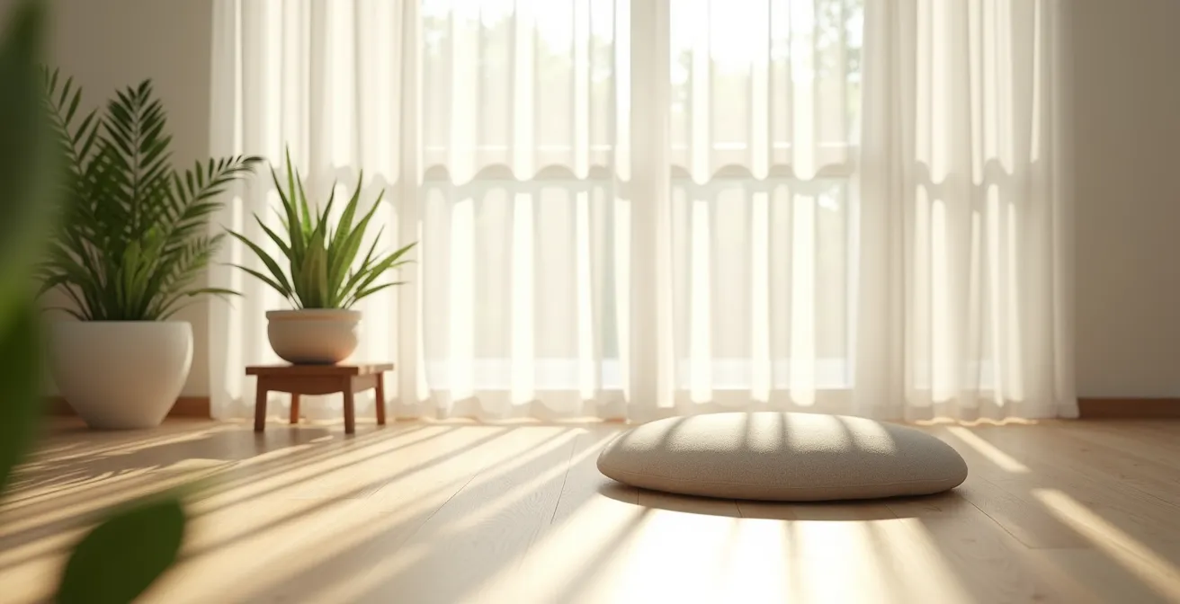 Espace de vie minimaliste avec plantes vertes et lumière naturelle apaisante