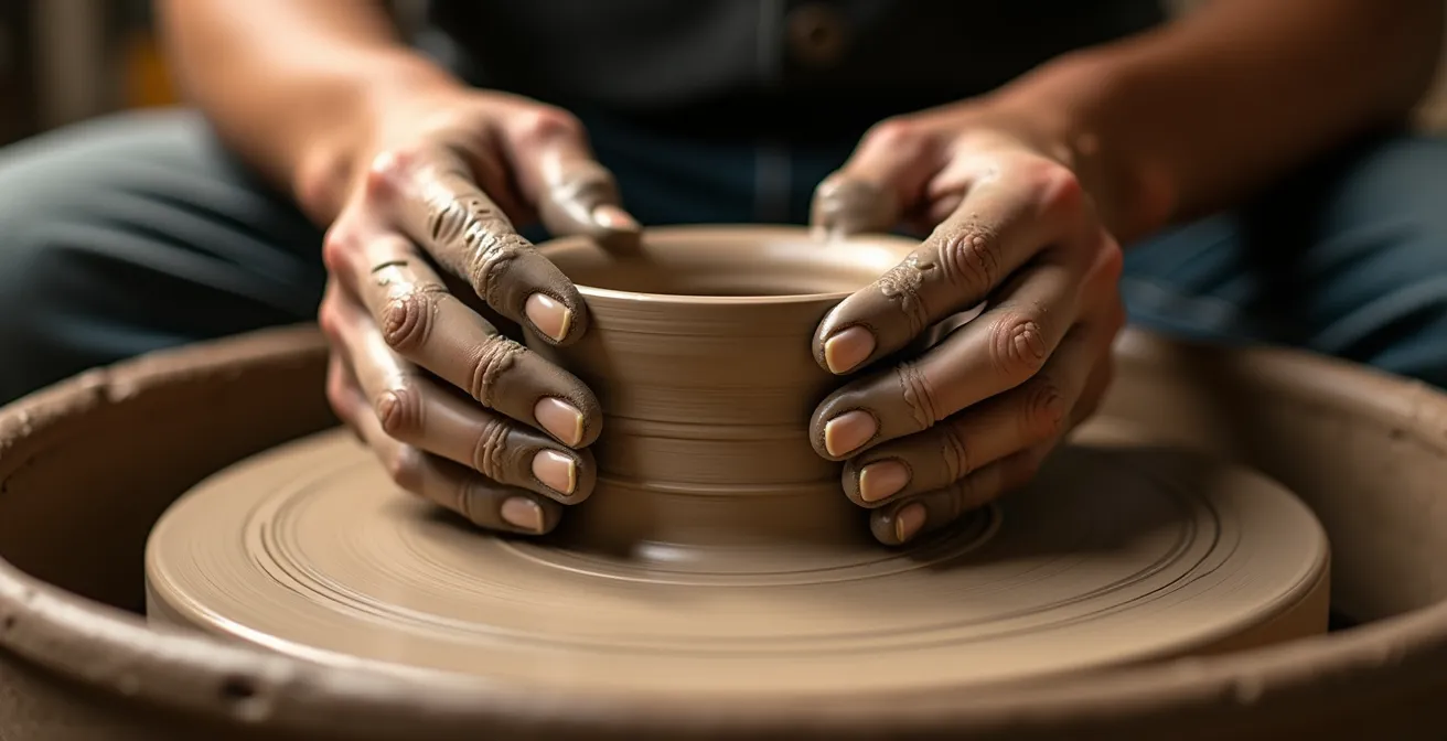 Mains travaillant l'argile sur un tour de potier avec concentration profonde