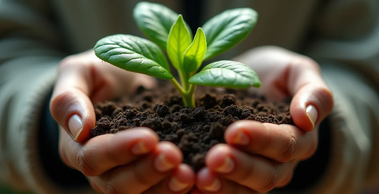 Gros plan sur des mains tenant une plante verte symbolisant la régénération progressive du corps