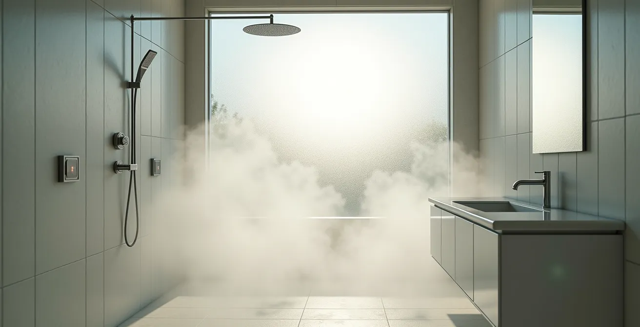 Personne sous une douche avec vapeur et effets de température contrastée