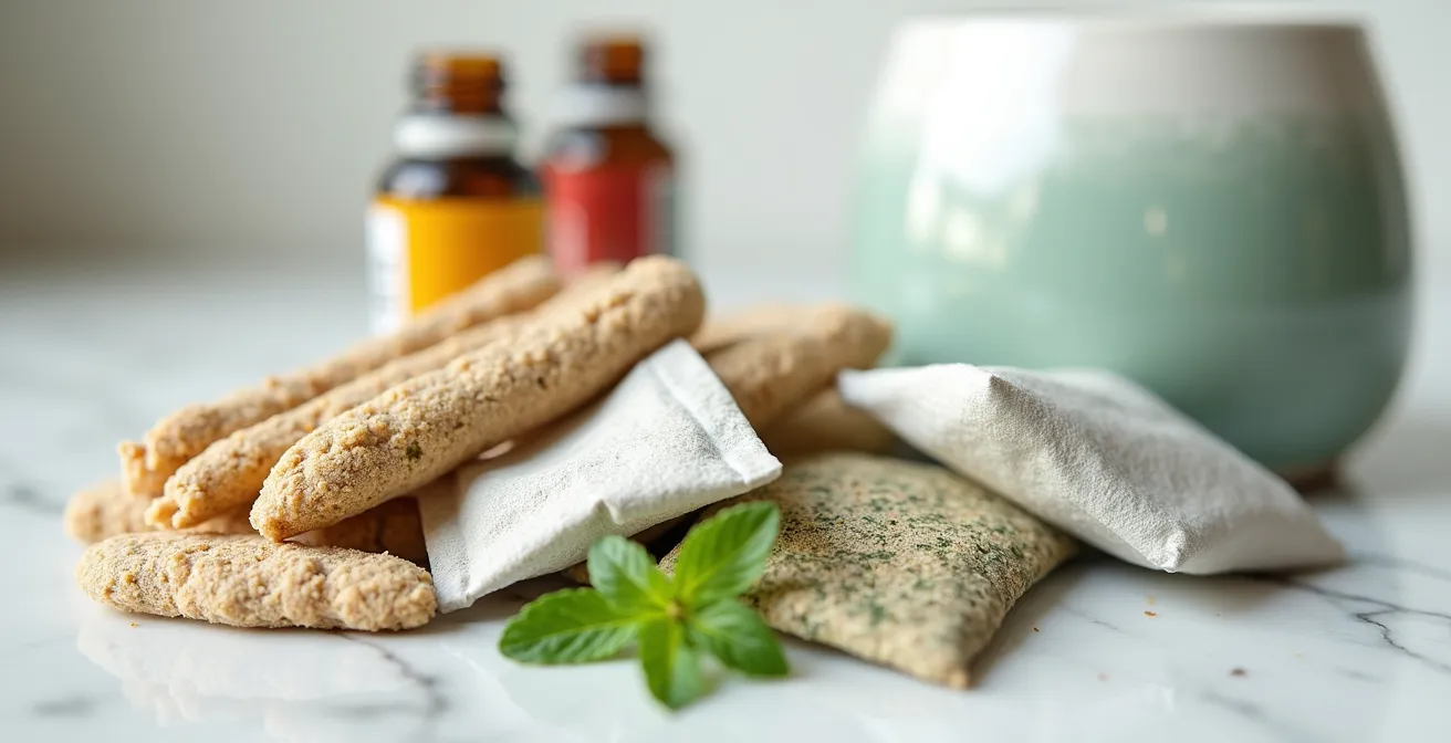 Composition d'objets de substitution pour l'arrêt du cannabis disposés sur une table en bois : tisanes, chewing-gums, bâtons de réglisse et diffuseur d'huiles essentielles