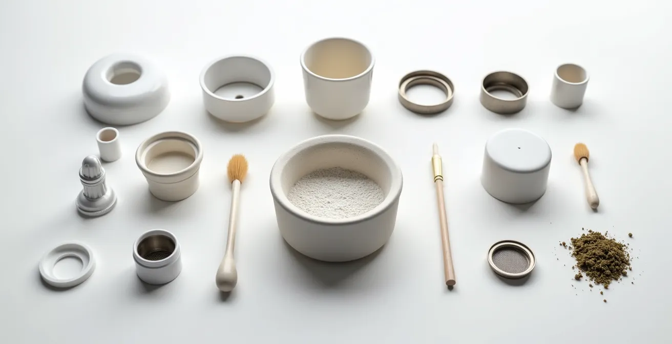 Pièces de vaporisateur démontées prêtes pour le nettoyage avec outils d'entretien