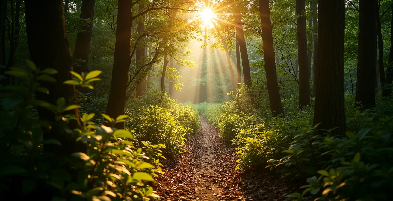 Sentier forestier envahi par la végétation s'ouvrant progressivement vers la lumière