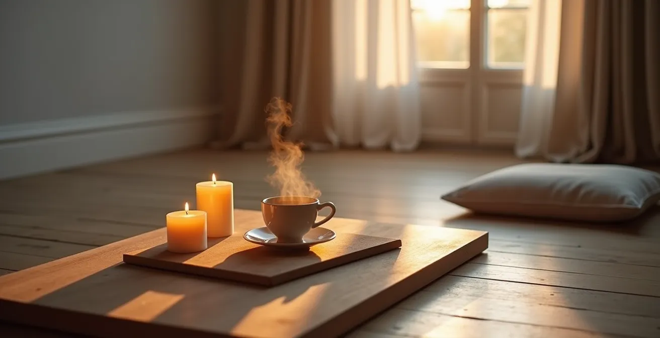 Ambiance apaisante d'un rituel du soir avec tasse de tisane et bougies dans un intérieur français