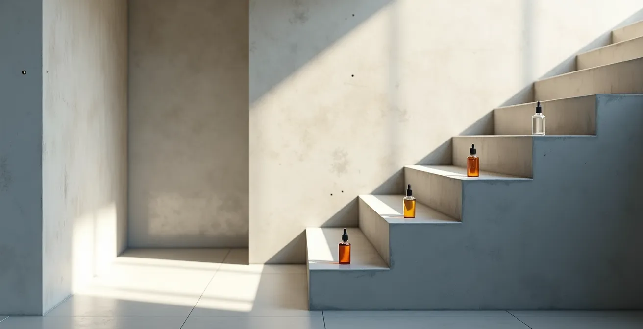 Escalier descendant symbolisant les paliers de réduction de nicotine avec fioles d'e-liquide