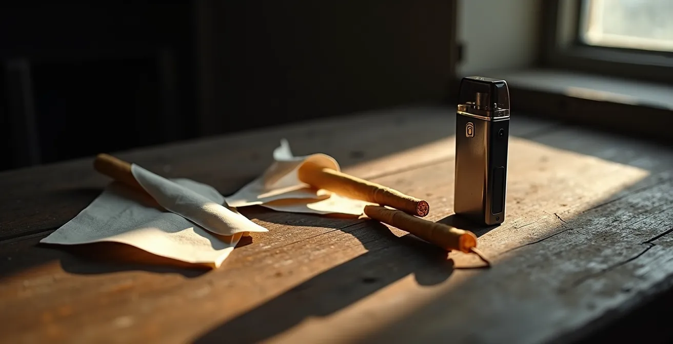 Ensemble d'outils de transition du tabac roulé vers la vape disposés sur table