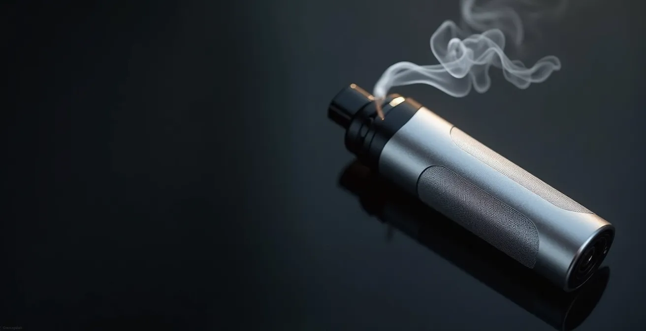 Gros plan macro sur un pod de cigarette électronique avec vapeur délicate