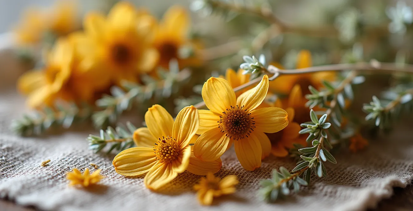 Vue macro détaillée de plantes séchées pour infusion avec textures visibles