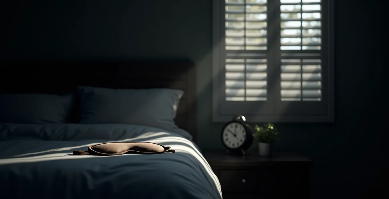Chambre plongée dans l'obscurité avec des volets fermés et une personne portant un masque de sommeil, illustrant la protection contre la lumière bleue