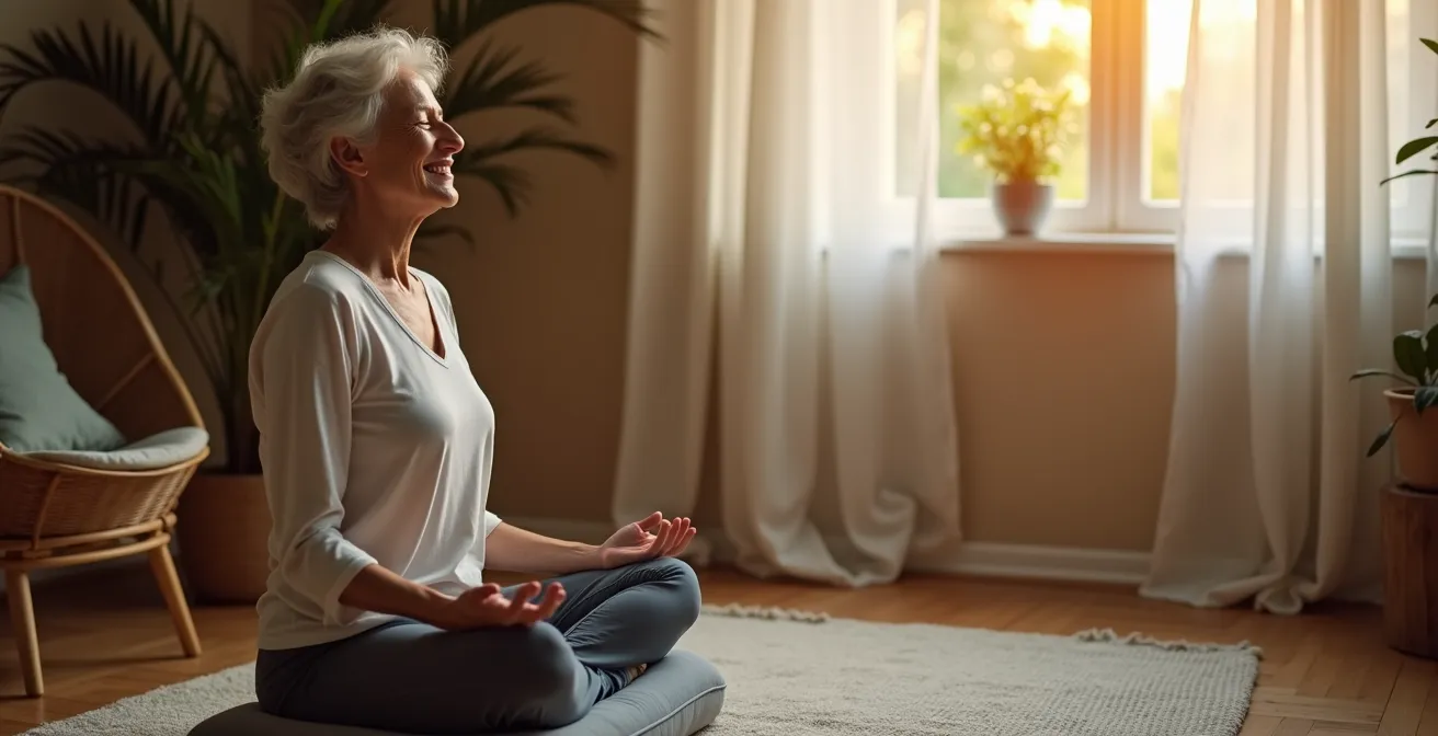 Personne pratiquant des exercices de relaxation musculaire dans un environnement apaisant
