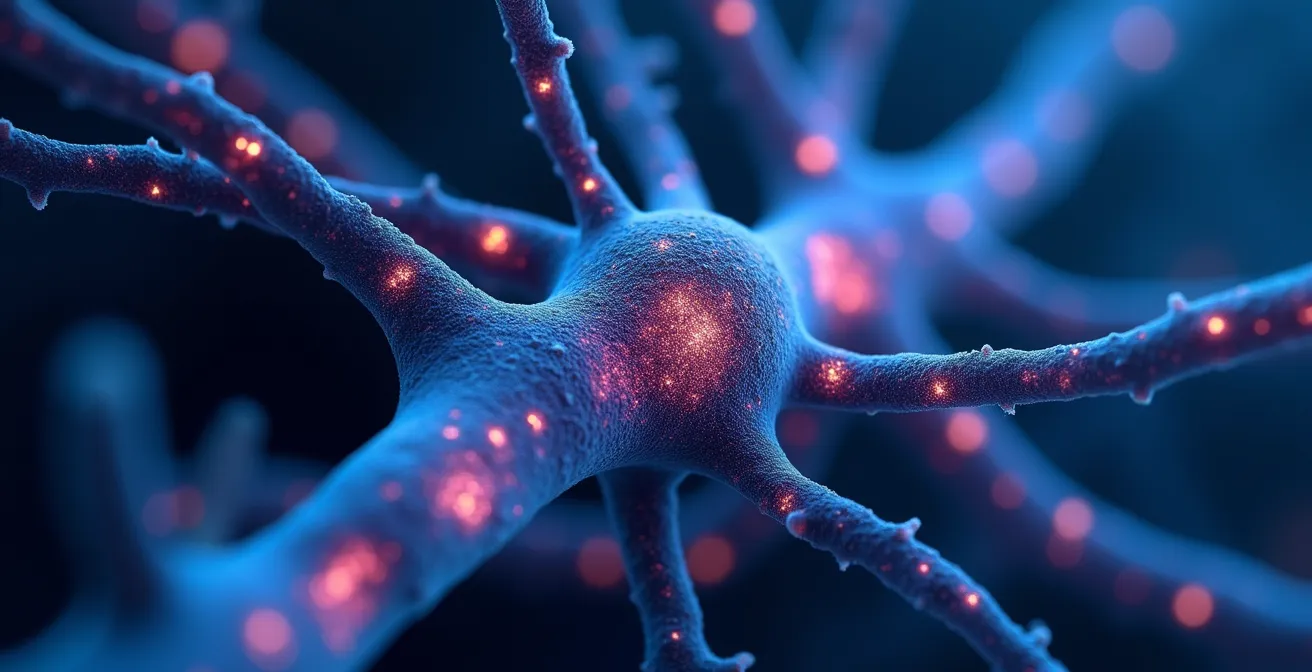 Vue macro d'un réseau neuronal en régénération avec synapses actives