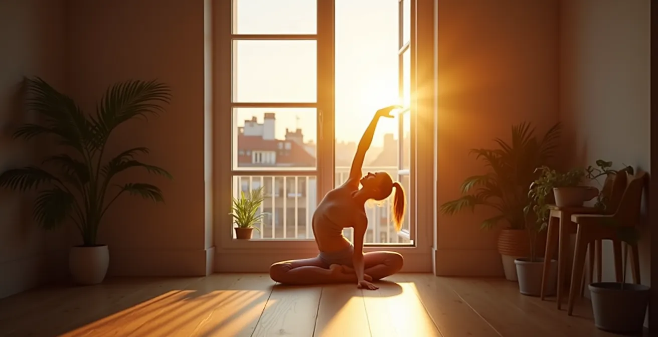 Personne pratiquant des étirements matinaux devant une fenêtre ouverte baignée de lumière naturelle