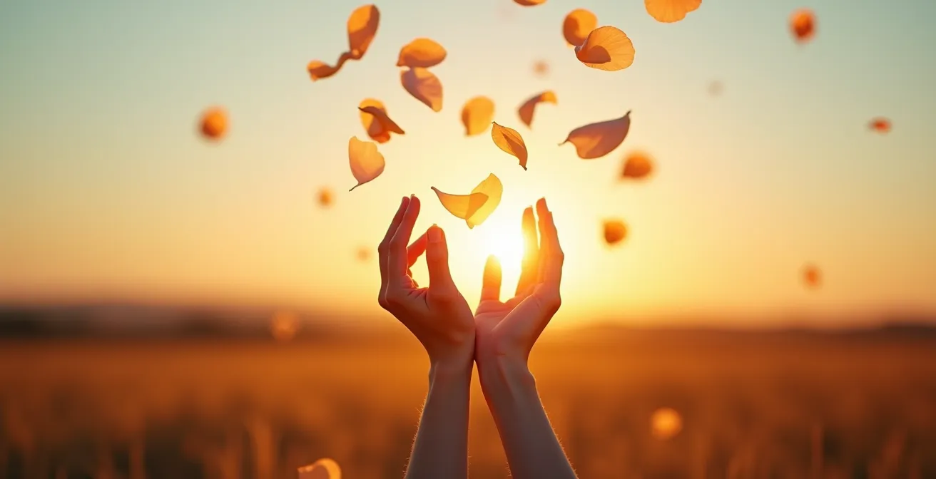 Mains libérant des pétales de fleurs au vent symbolisant la renaissance et la liberté retrouvée