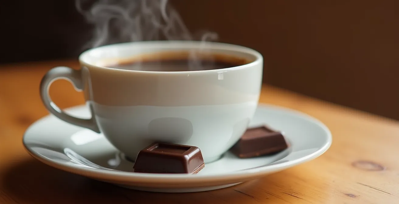 Vue macro sur une tasse de café avec un carré de chocolat noir posé sur la soucoupe