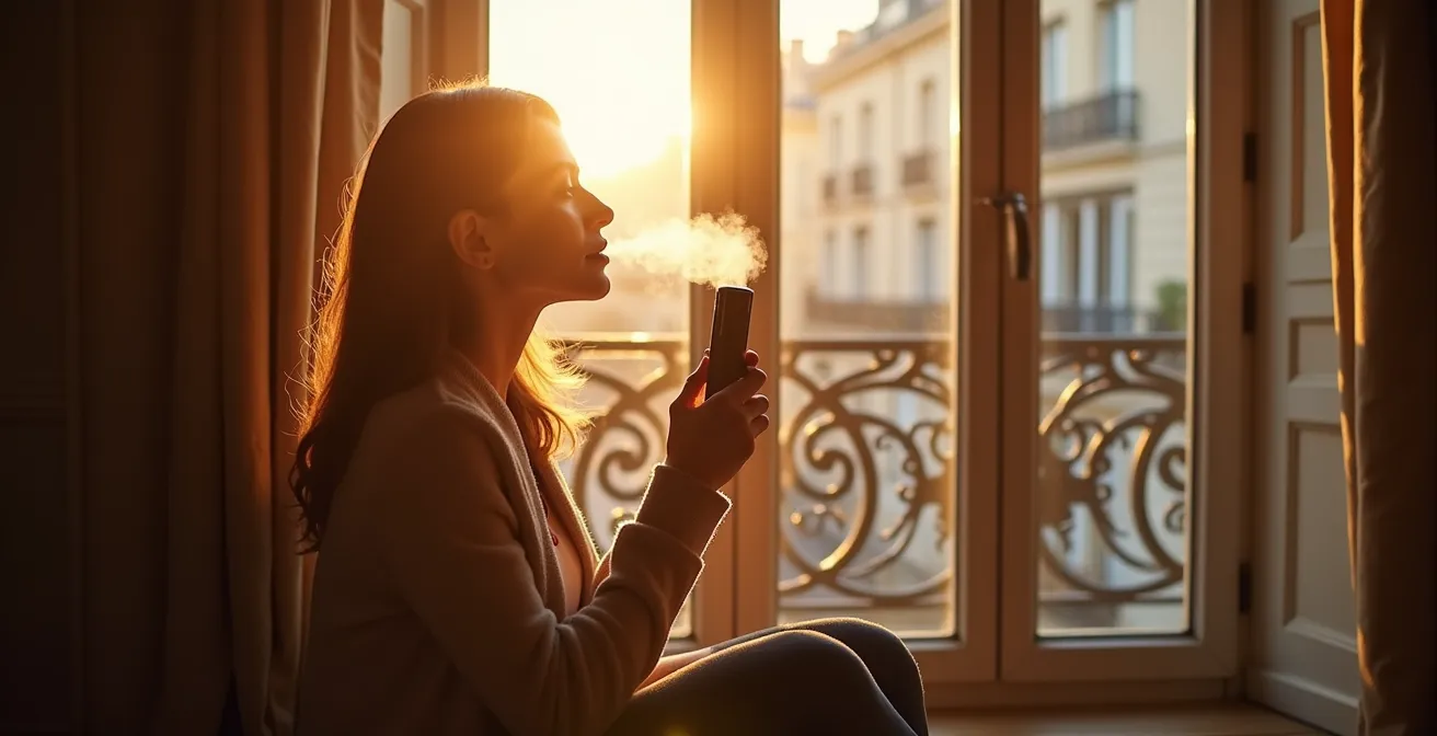 Personne en méditation matinale avec vapoteuse, lumière naturelle traversant une fenêtre parisienne