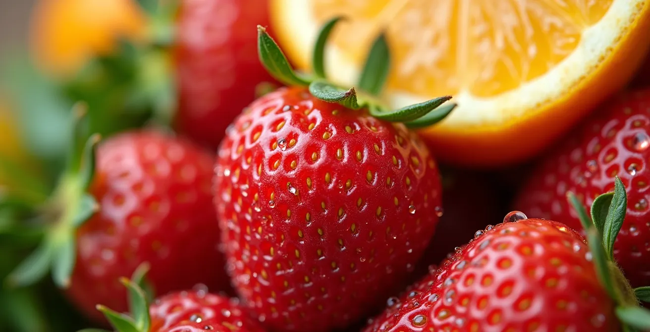 Vue macro de fruits frais et légumes colorés disposés artistiquement