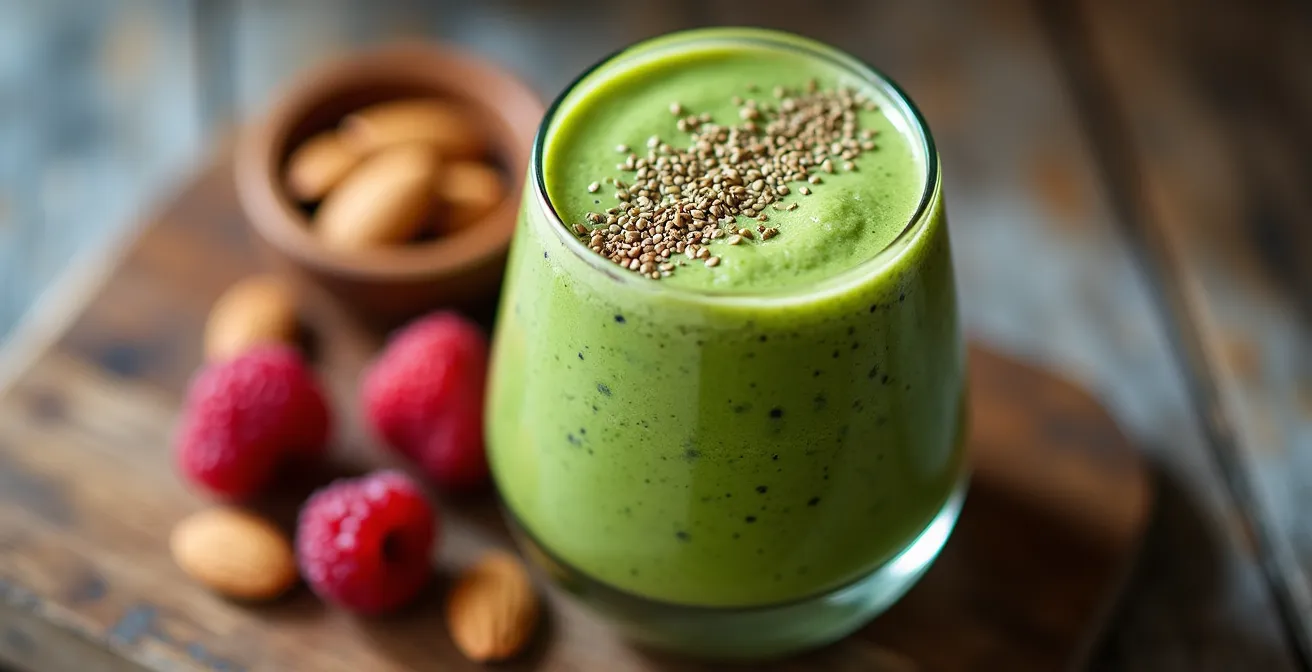 Smoothie vert onctueux à base de protéine de chanvre, fruits rouges et amandes, présenté dans un verre artisanal