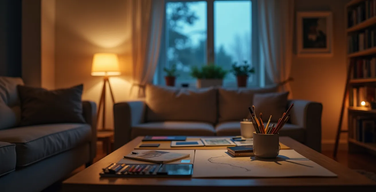 Espace créatif aménagé avec matériel artistique dans un salon chaleureux en soirée