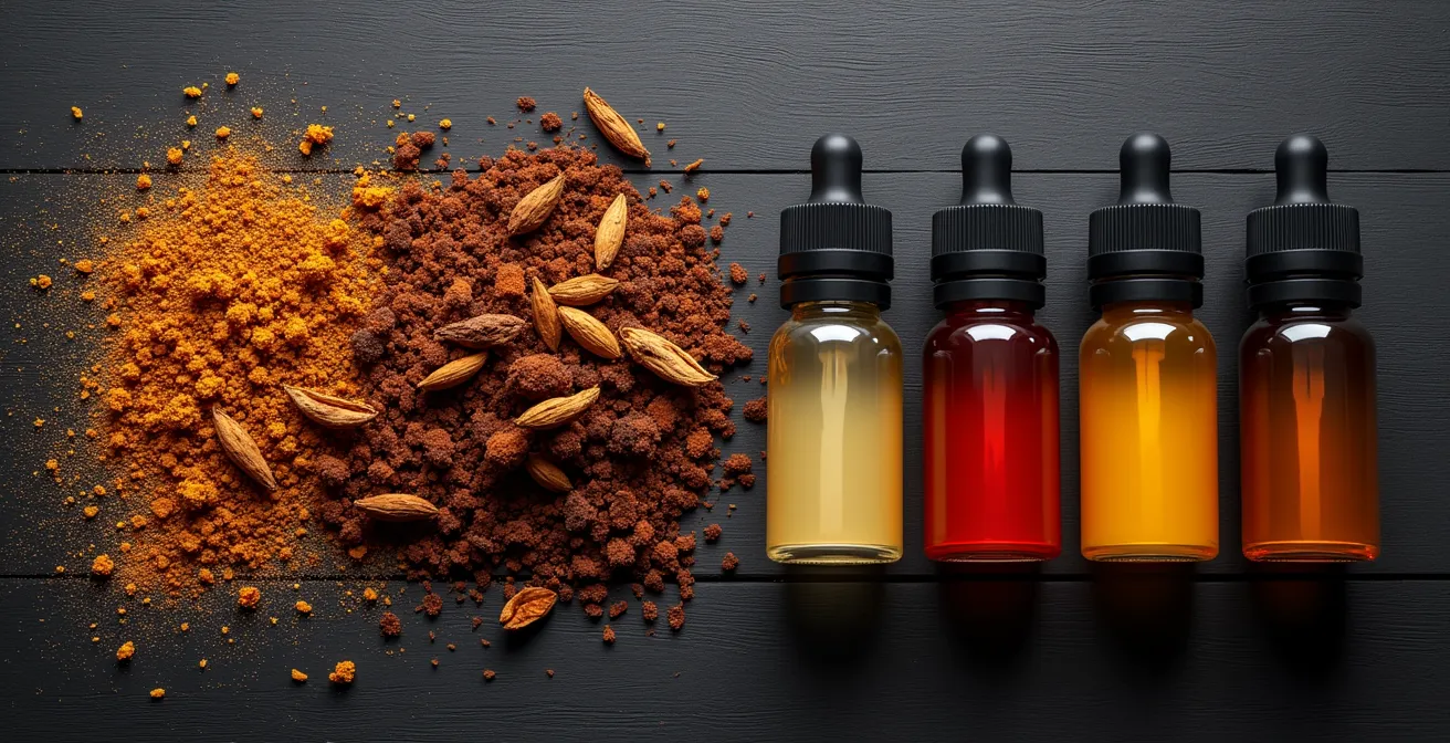 Comparaison visuelle entre tabac à rouler et flacons d'e-liquide avec différents dosages de nicotine