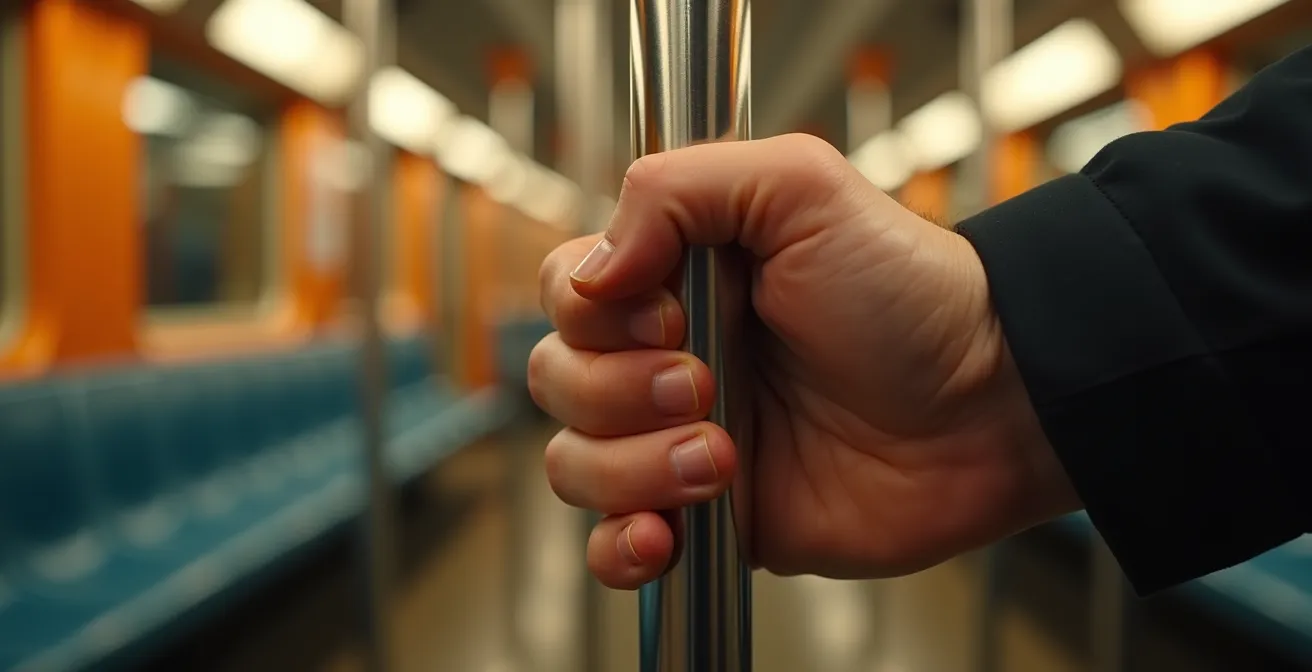 Main touchant une barre de métro avec focus sur les sensations tactiles