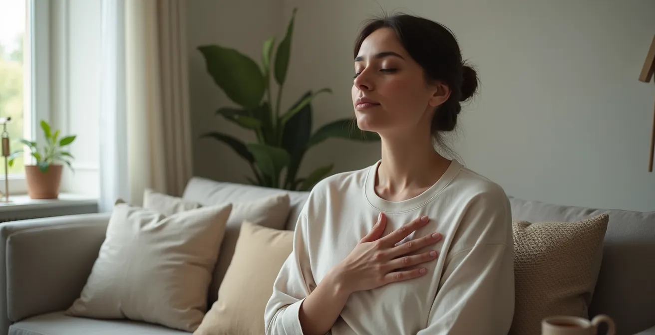 Personne pratiquant la technique de recentrage sensoriel 5-4-3-2-1 dans un environnement apaisant