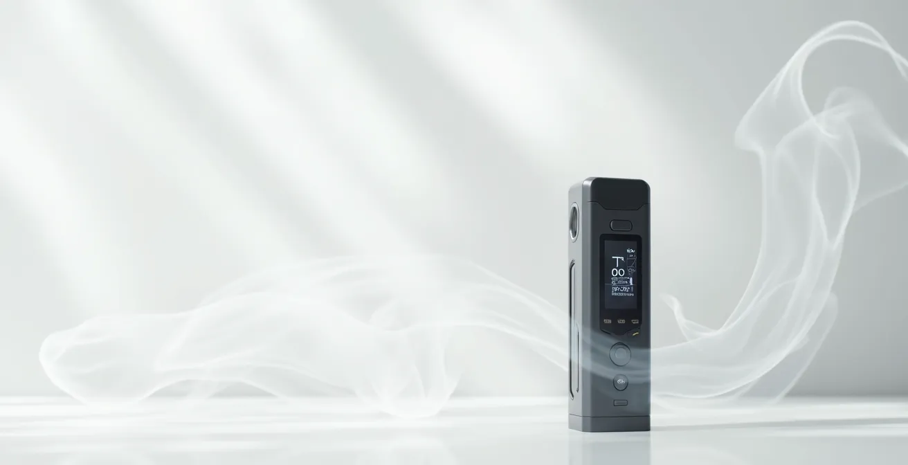 Vue minimaliste d'un mod box avec affichage de puissance et vapeur douce en arrière-plan