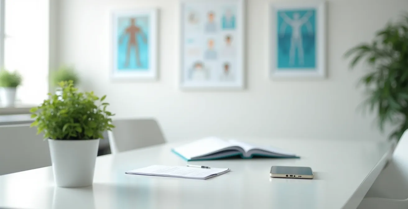 Bureau médical français avec documents de consultation posés sur une table, atmosphère professionnelle et bienveillante